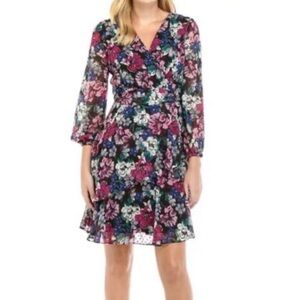 Tahari ASL Floral Long Sleeve Dress - Multicolor